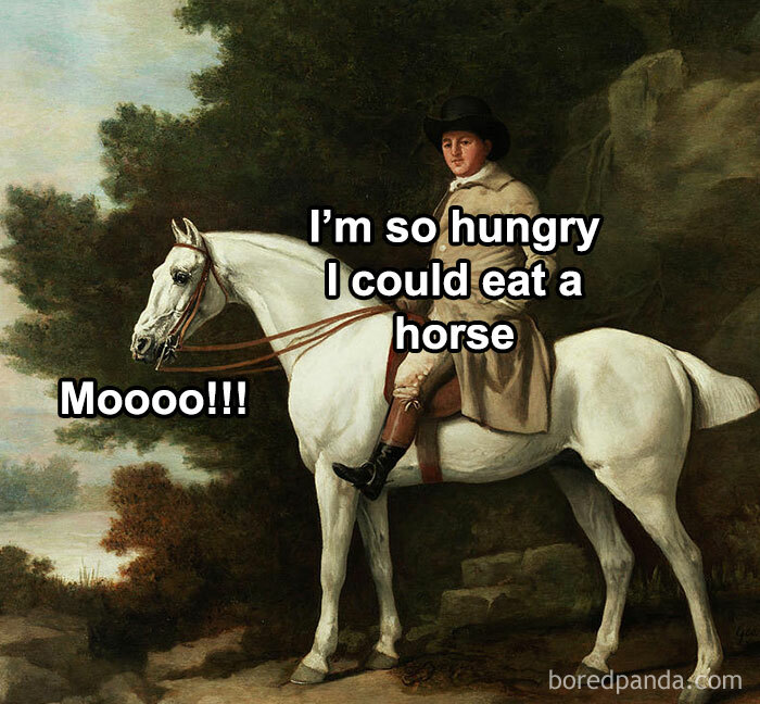 Classical art meme featuring a rider on a horse, with humorous text about hunger and animal sounds.