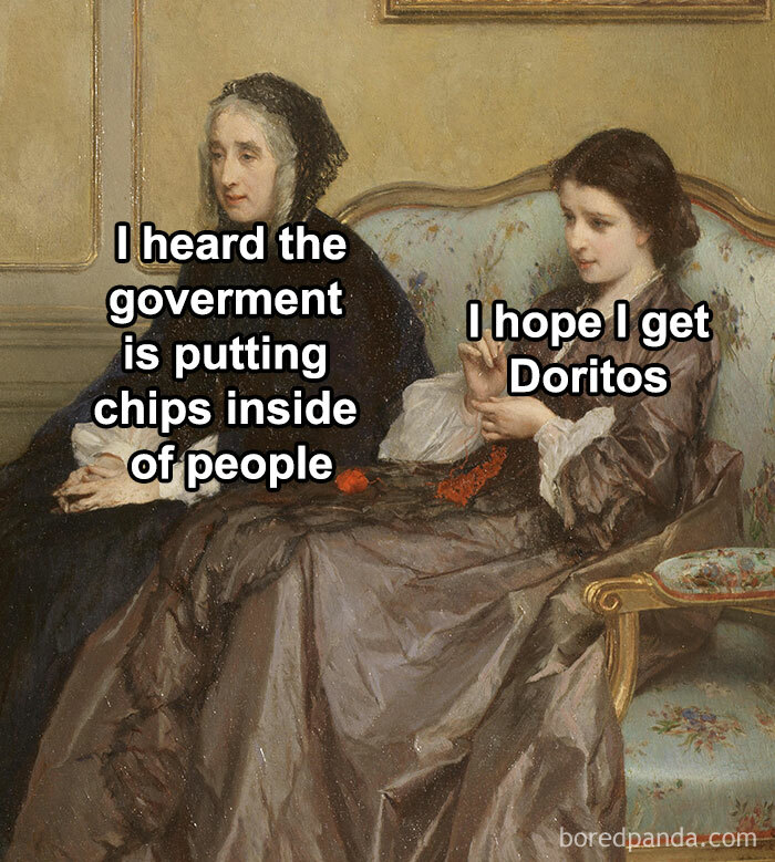 Two women from classical art discussing government chips, with humorous text overlay.