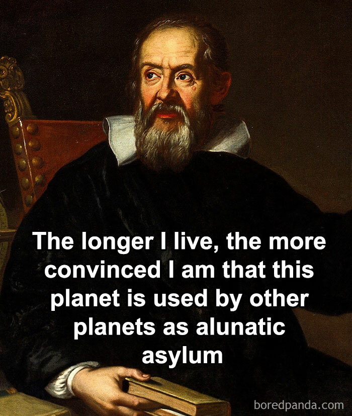 Classical art painting with a humorous meme text about the planet being a lunatic asylum.
