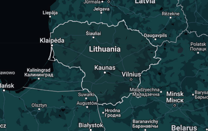 Map highlighting Lithuania, featuring key cities like Vilnius and Kaunas.