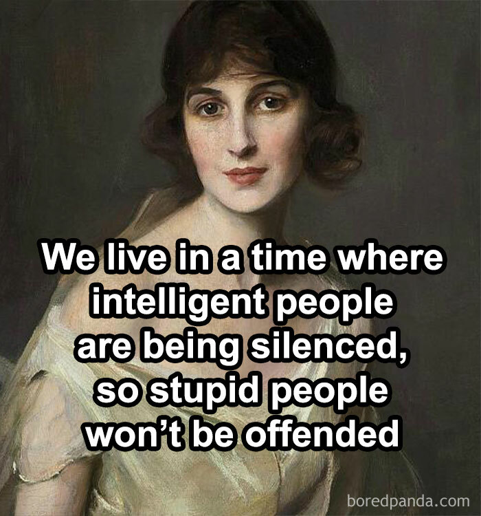 Classical art meme with a painted woman and humorous text about intelligent and stupid people.