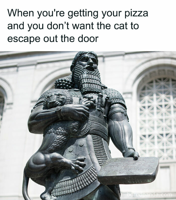 Classical art meme of a statue holding a lion, captioned about stopping a cat from escaping while getting pizza.