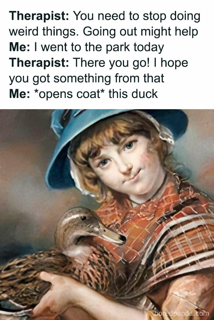 Classical art meme with a child holding a duck, humorous therapist dialogue above.