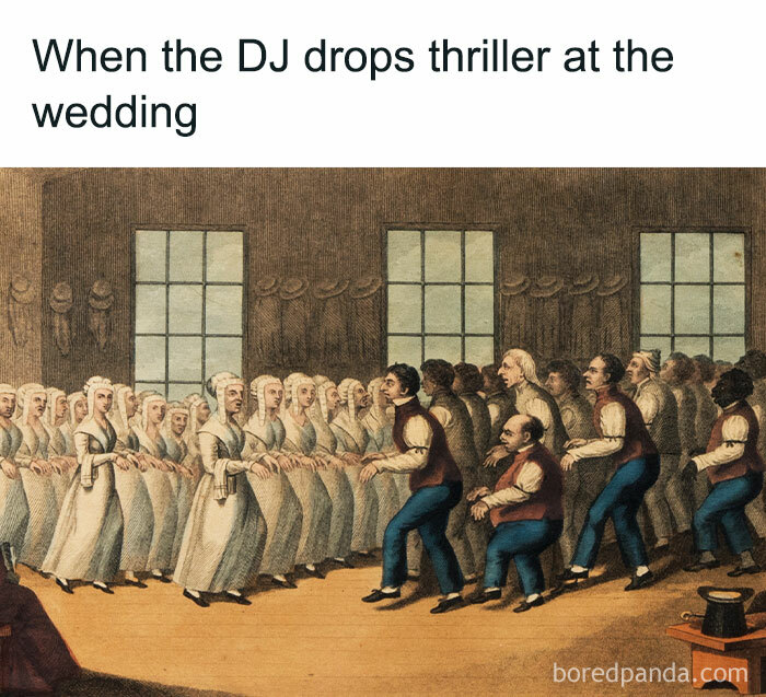 Classical art meme showing people dancing energetically to a DJ's song at a wedding.