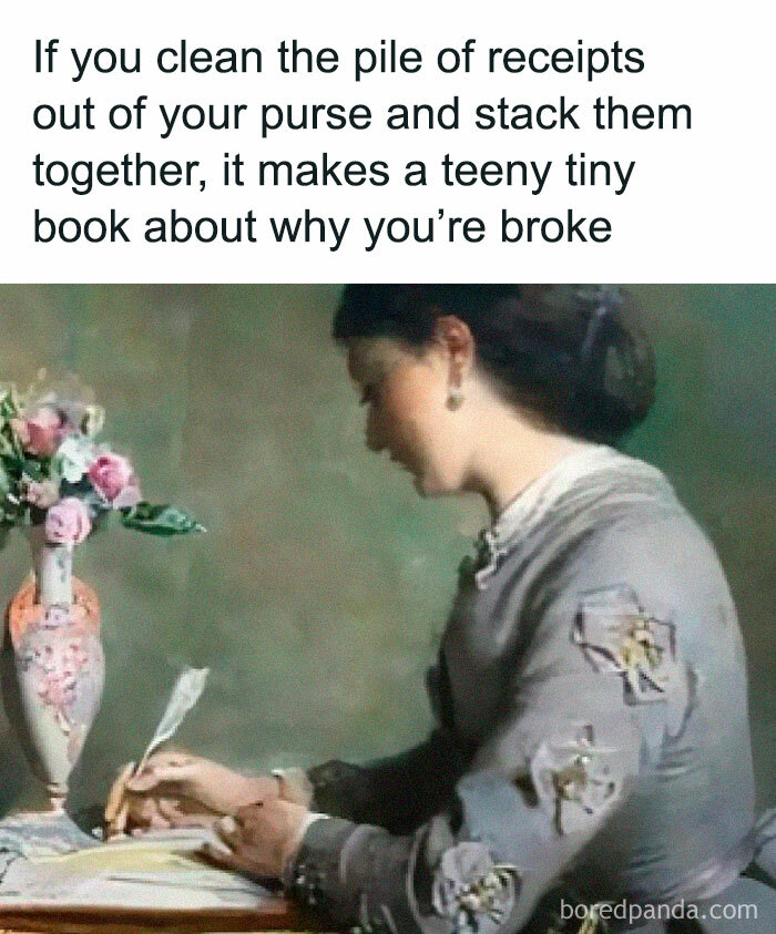 Classical art meme showing a woman writing, with text about receipts forming a mini book explaining financial struggles.
