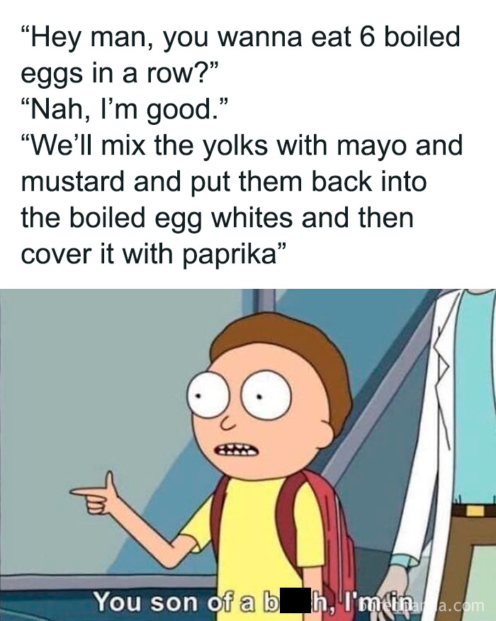 Cartoon character reacting to a funny conversation about boiled eggs, embodying dad's humor.