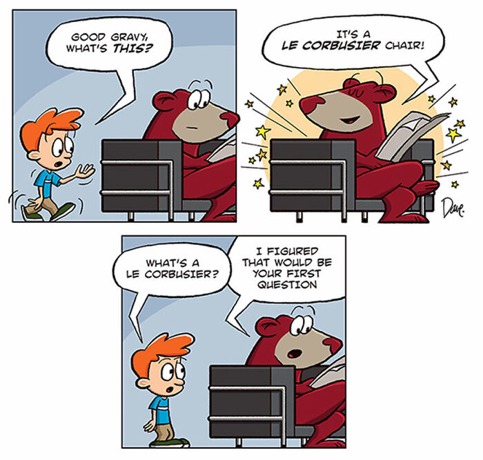 Cartoon of Planey Joey looking surprised at a bear sitting on a Le Corbusier chair discussing its design.