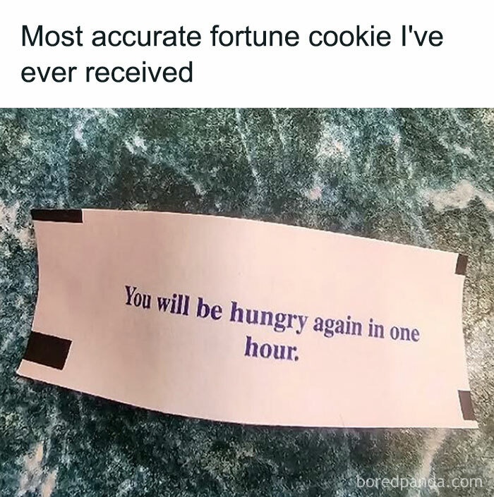 Fortune cookie message humorously predicts hunger; perfect for random memes collection.