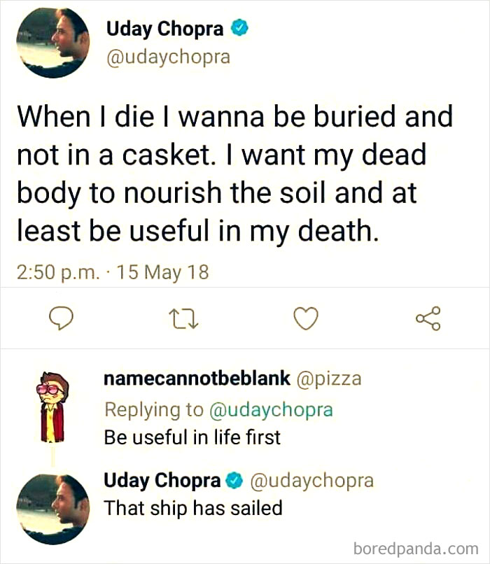 Twitter meme showing a humorous exchange about being useful in life and death, featured in random memes for dopamine boost.