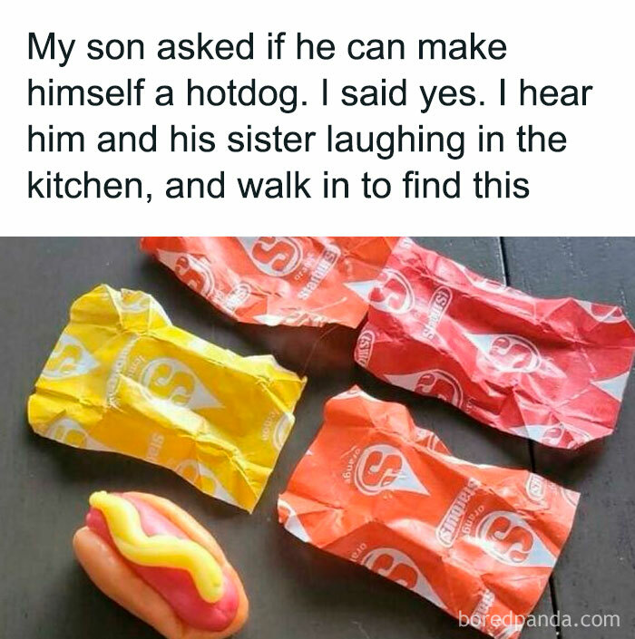 A hilariously random meme shows empty candy wrappers beside a toy hotdog.