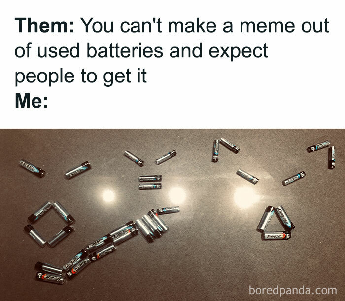 Used batteries arranged creatively in a meme, showcasing a humorous take on random memes.