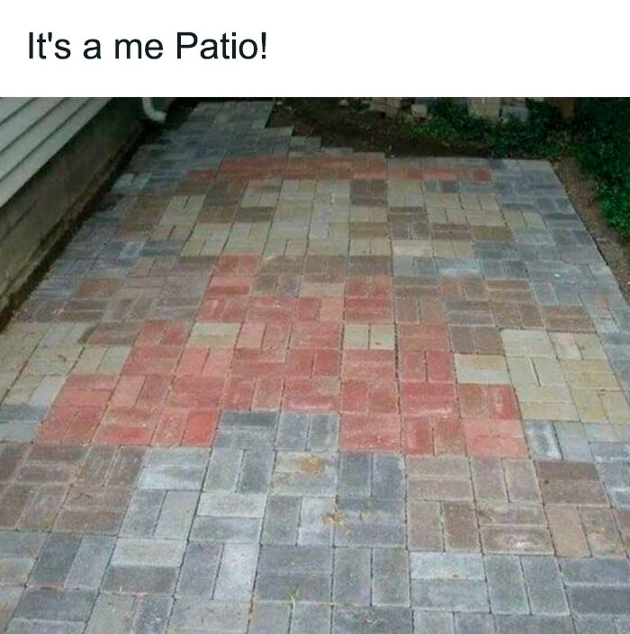 Random meme of a patio with bricks arranged to resemble a character from a popular video game.