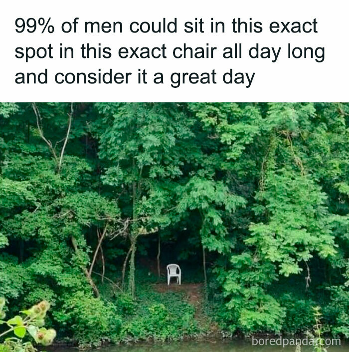 Chair in a lush forest clearing by a river, highlighting a hilariously random meme setting.