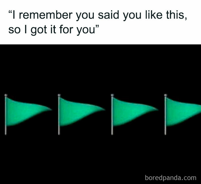 Green flags meme with text "I remember you said you like this, so I got it for you" above multiple green flags.