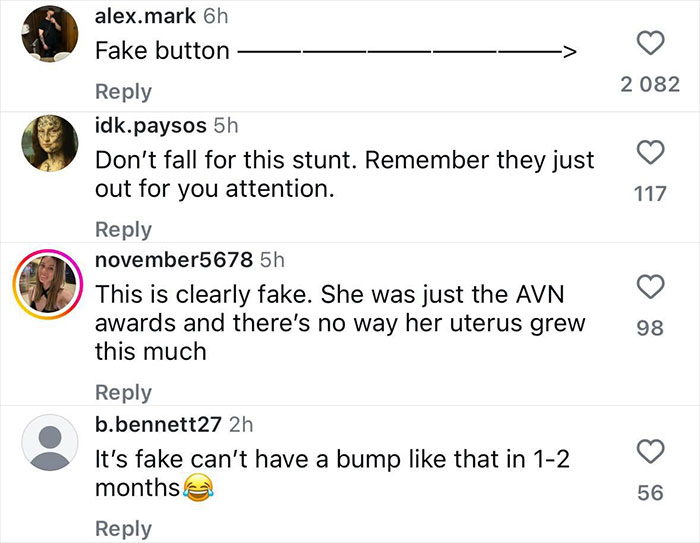 Social media comments reacting skeptically to Lily Phillips' pregnancy news. Social media comments reacting skeptically to Lily Phillips' pregnancy news.