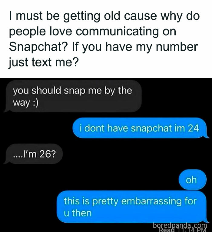 Funny meme about age differences in communication, highlighting a Snapchat vs. text messaging conversation.