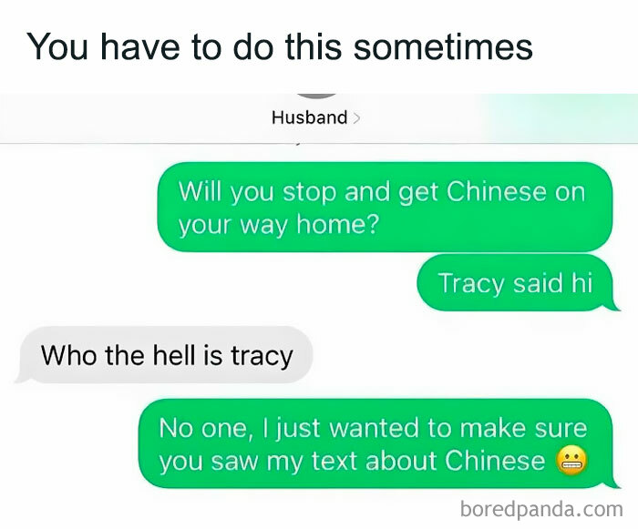 Funny meme about a conversation with a husband, using humor to grab attention to text about getting Chinese food.