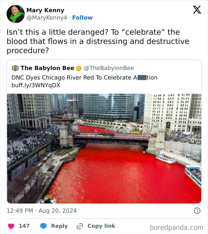Satirical news headline shared on social media about Chicago River dyed red, showcasing people's reaction to satirical content.