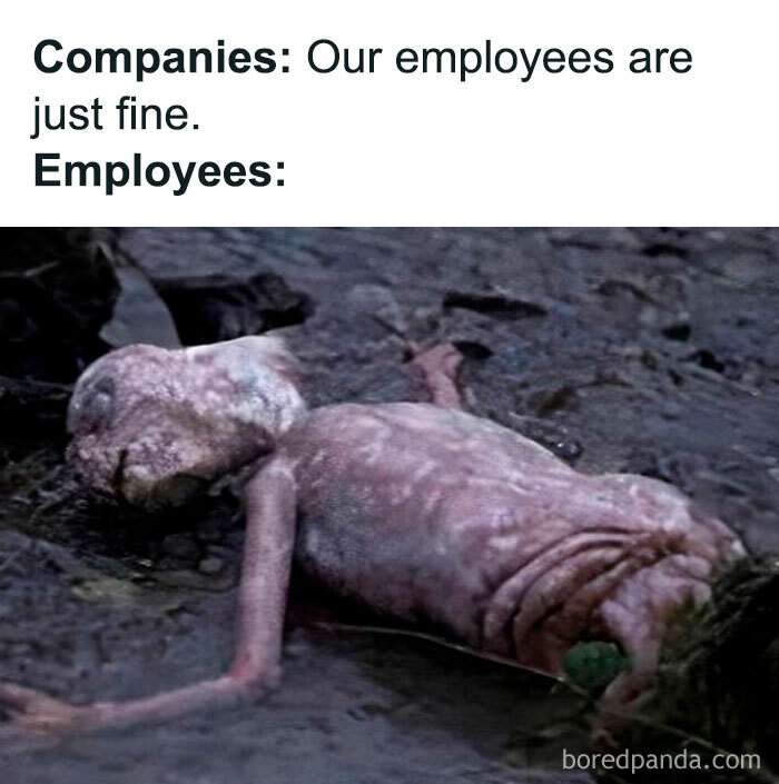 Meme depicting a humorous resources reference with a tired alien image, captioned about employee well-being.