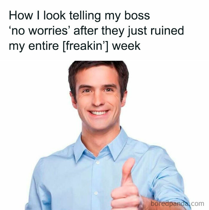 A man in a blue shirt smiling with a thumbs-up, reflecting relatable memes from Humorous Resources about workplace frustrations.