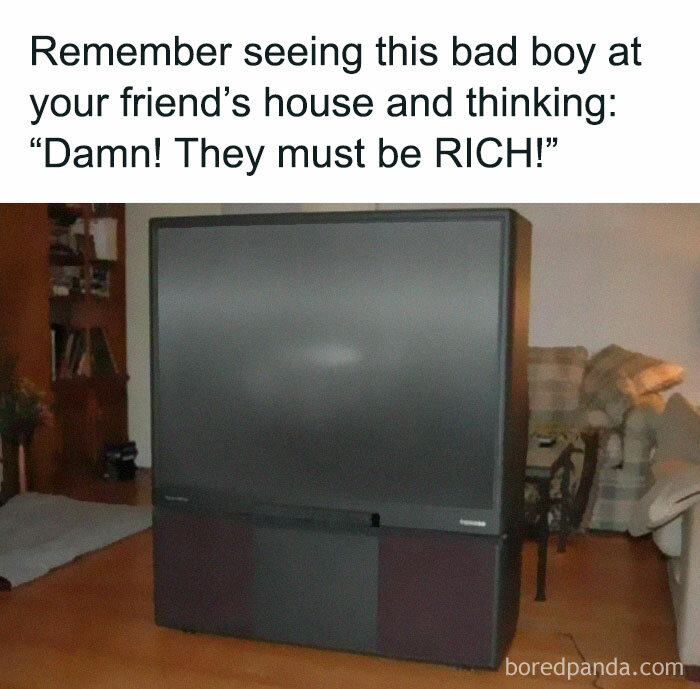 '90s meme featuring a large vintage TV popular among wealthy households.