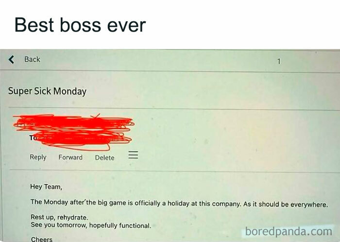 Email screenshot with humorous memo declaring Monday a holiday, shared by "Best boss ever."