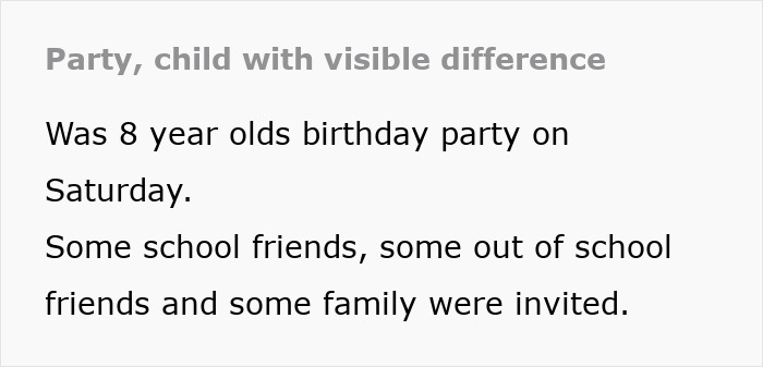 Birthday party invitation text mentioning a child with a visible difference.