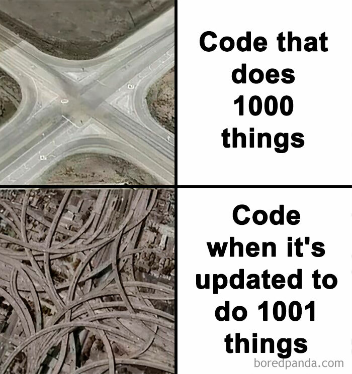 Programmer meme comparing simple and complex code with road images.