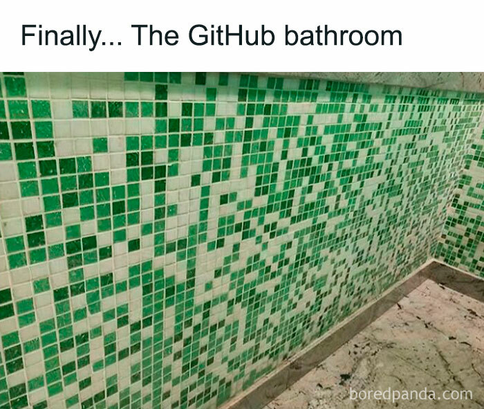 Green and white tiled wall styled like pixel art, humorously described as the "GitHub bathroom" for programmers.