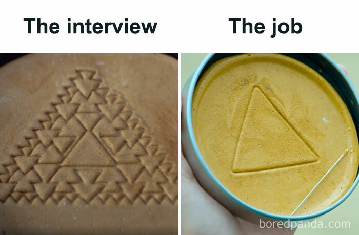 Meme for programmers: complex cookie design labeled "The interview," simple triangle labeled "The job."
