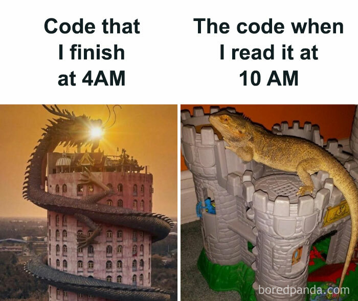 Programmer memes depicting code as a dragon at 4 AM and as a lizard on a castle at 10 AM.