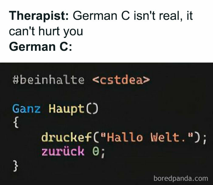 Meme for programmers showing a humorous take on C code with German language syntax.