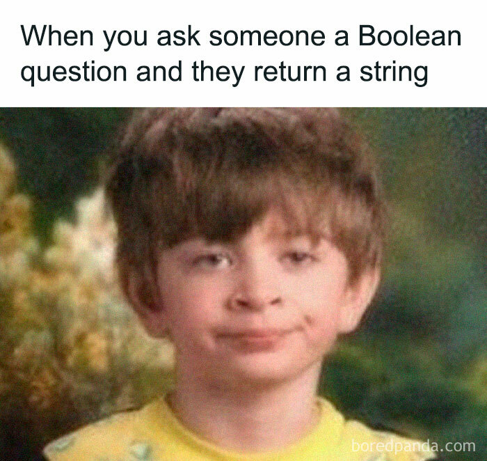 Meme for programmers: a skeptical child reacting to a programming logic error with a caption about Boolean and string mismatch.
