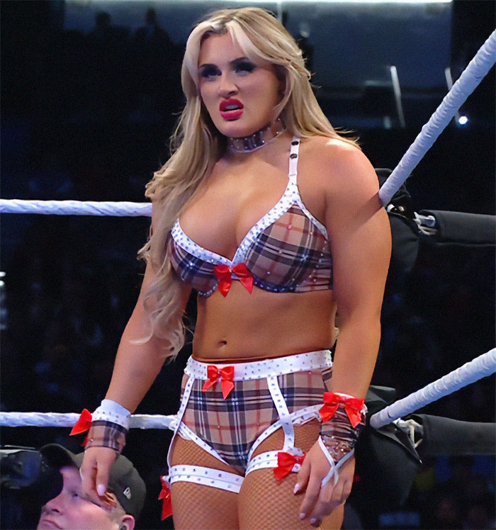 WWE star in the ring wearing a plaid outfit with red bows, during a live broadcast event. WWE star in the ring wearing a plaid outfit with red bows, during a live broadcast event.