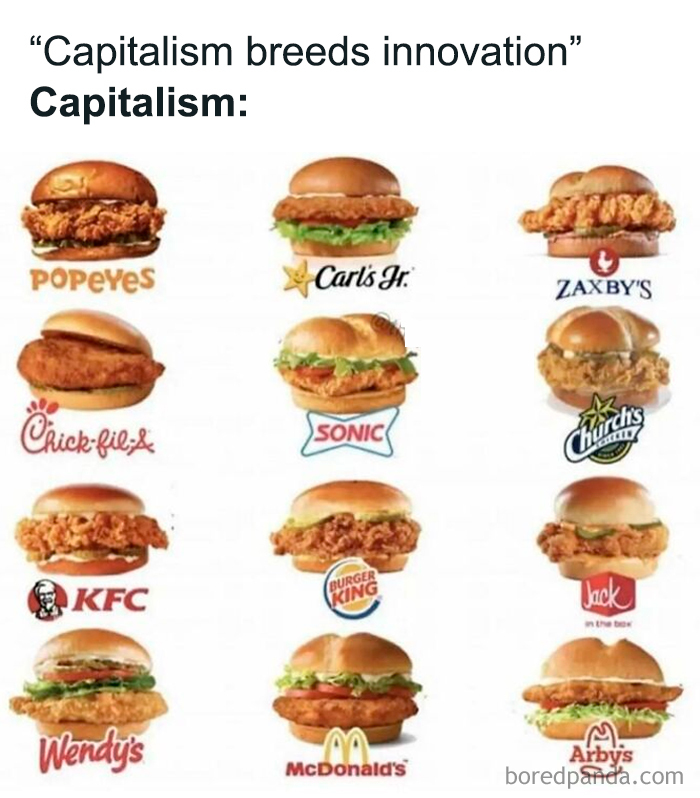 Funny meme comparing similar fast-food chicken sandwiches under capitalism.