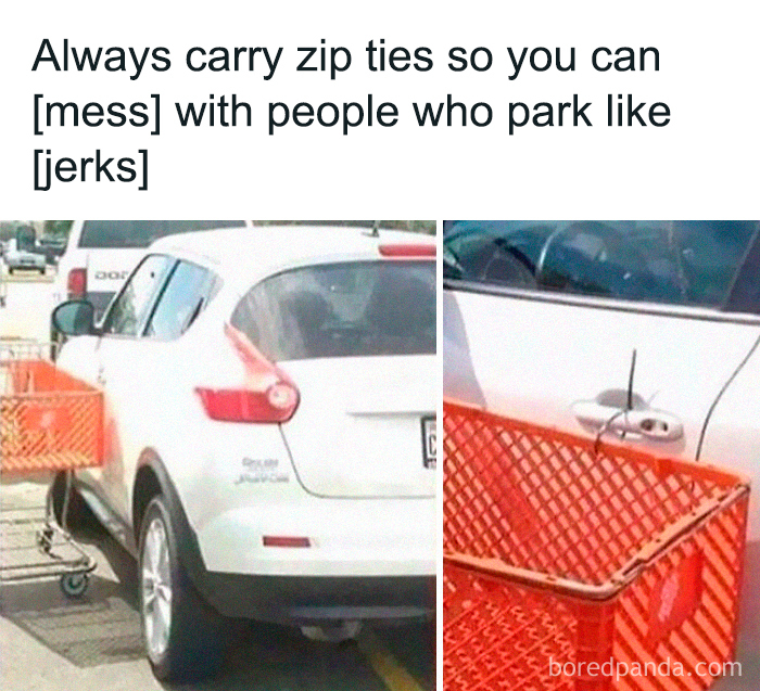 A shopping cart zip-tied to a car door targeting bad parking for humor.