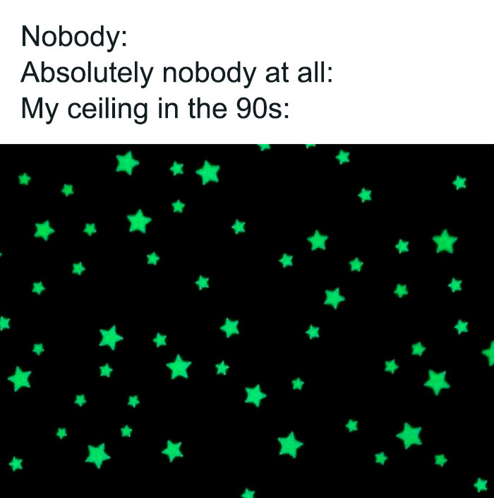 Glowing stars on a ceiling, reminiscent of the wild ’90s decor.