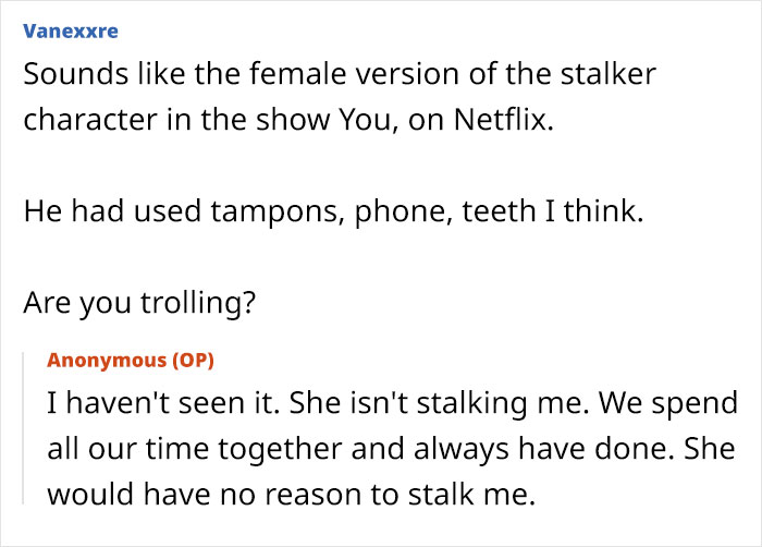Anonymous comment thread discussing a creepy box found in a girlfriend's wardrobe.