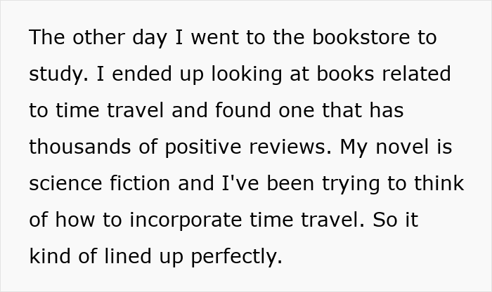 Text discusses a woman's novel planning involving time travel, inspired by a book she found with positive reviews.