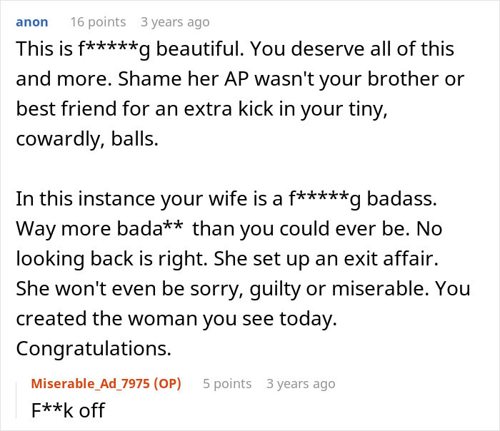 Reddit comment exchange about a marriage breakdown and a wife's secret. Reddit comment exchange about a marriage breakdown and a wife's secret.