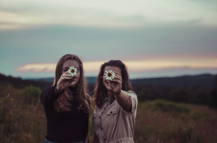 Two adults holding daisies in a meadow, symbolizing life lessons during sunset.
