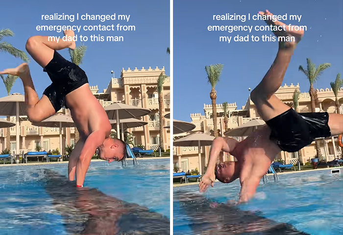 Man doing a handstand dive into a pool, with text about changing emergency contacts.