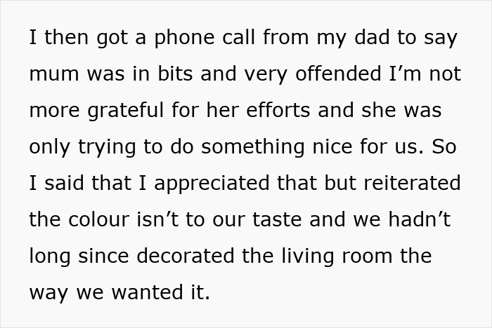 Text message expressing daughter's lack of gratitude to mom after lounge redecoration during labor. Text message expressing daughter's lack of gratitude to mom after lounge redecoration during labor.