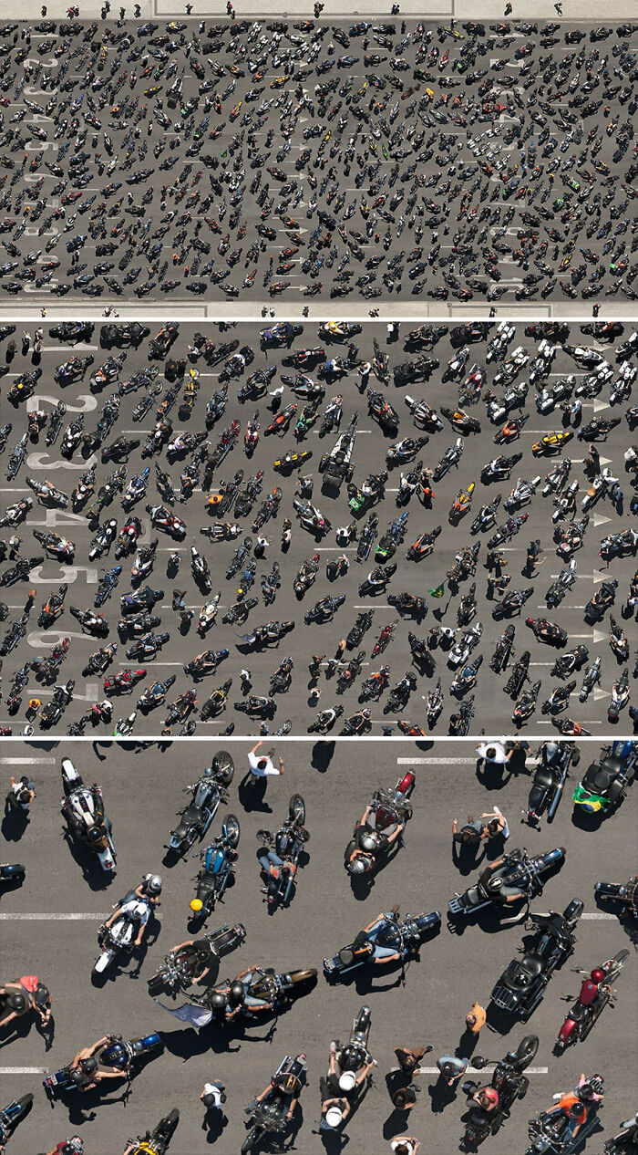 Aerial view by Cássio Vasconcellos showing a large gathering of people and motorcycles on a road.