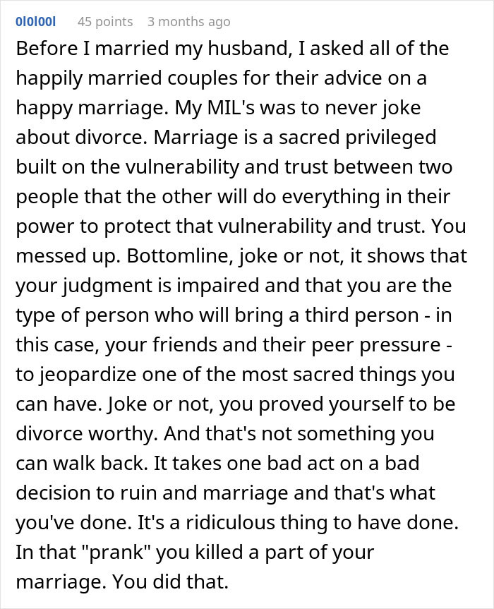 Text discussing the consequences of joking about divorce in a marriage.