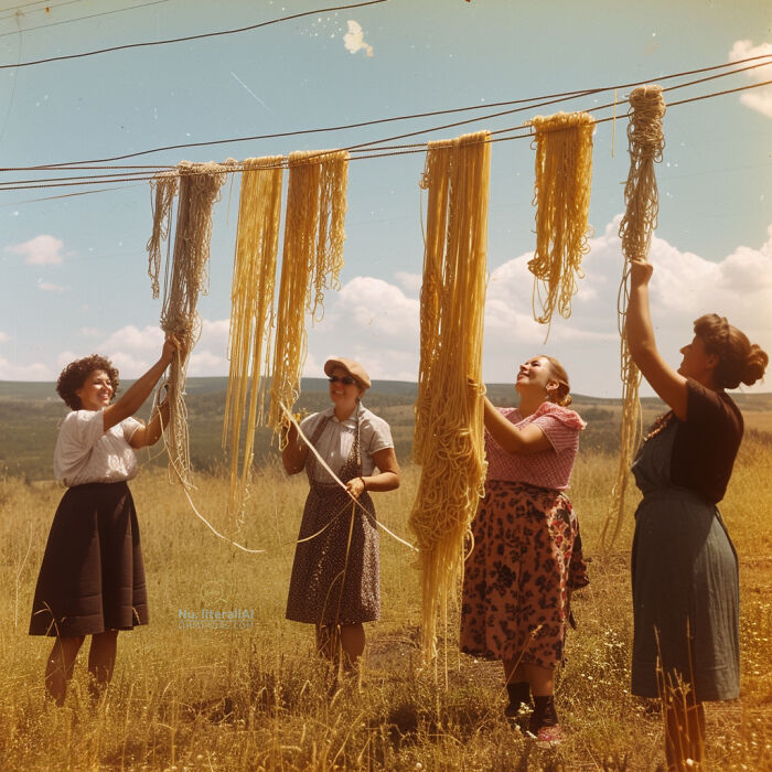 Women hanging pasta outdoors, illustrating Lithuanian idiom in a humorous and scenic setting.