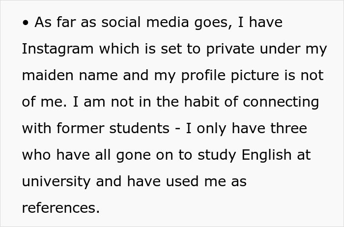 Text discussing social media privacy, mentions students studying English and using teacher as reference. Text discussing social media privacy, mentions students studying English and using teacher as reference.