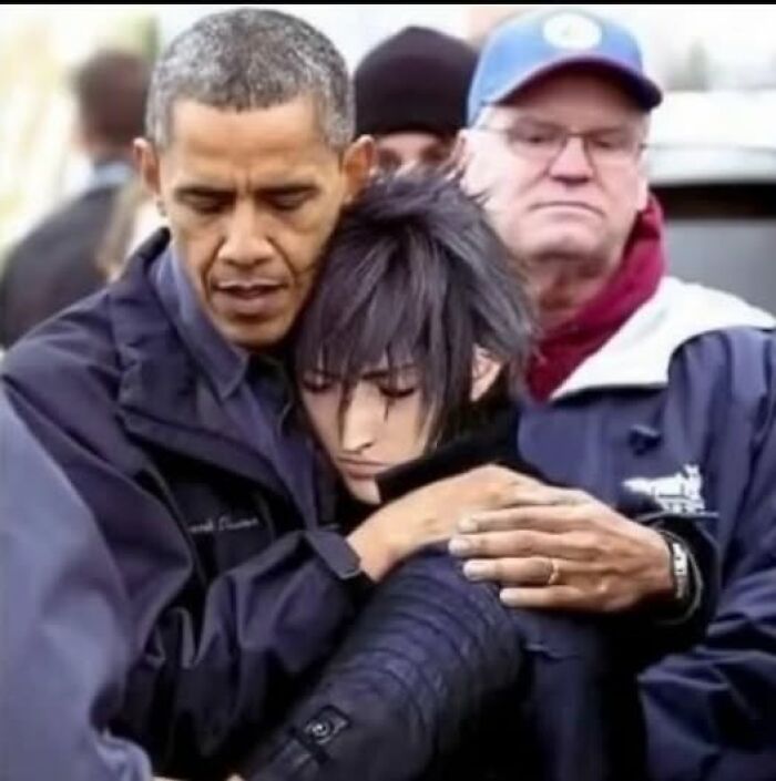 "Weird image of a man hugging a character, with another man in the background, showcasing an unusual mix of context."
