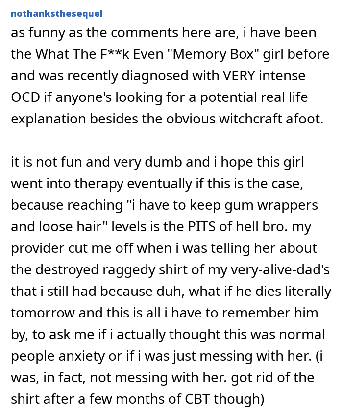 Text conversation about a guy finding a creepy box in his girlfriend's wardrobe, leading to an unexpected relationship twist.