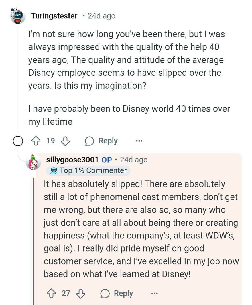 Reddit discussion on Disney Parks secrets and employee quality.